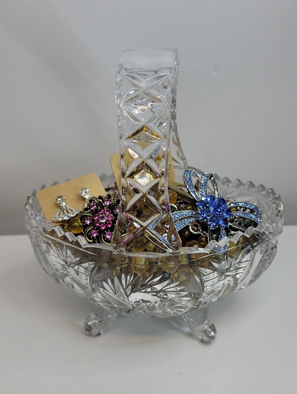 Cut Glass Basket Dish with Jewelry